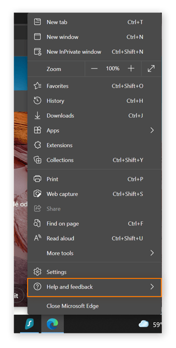 A screenshot of Microsoft Edge with the main menu open, and Help and Feedback is circled.